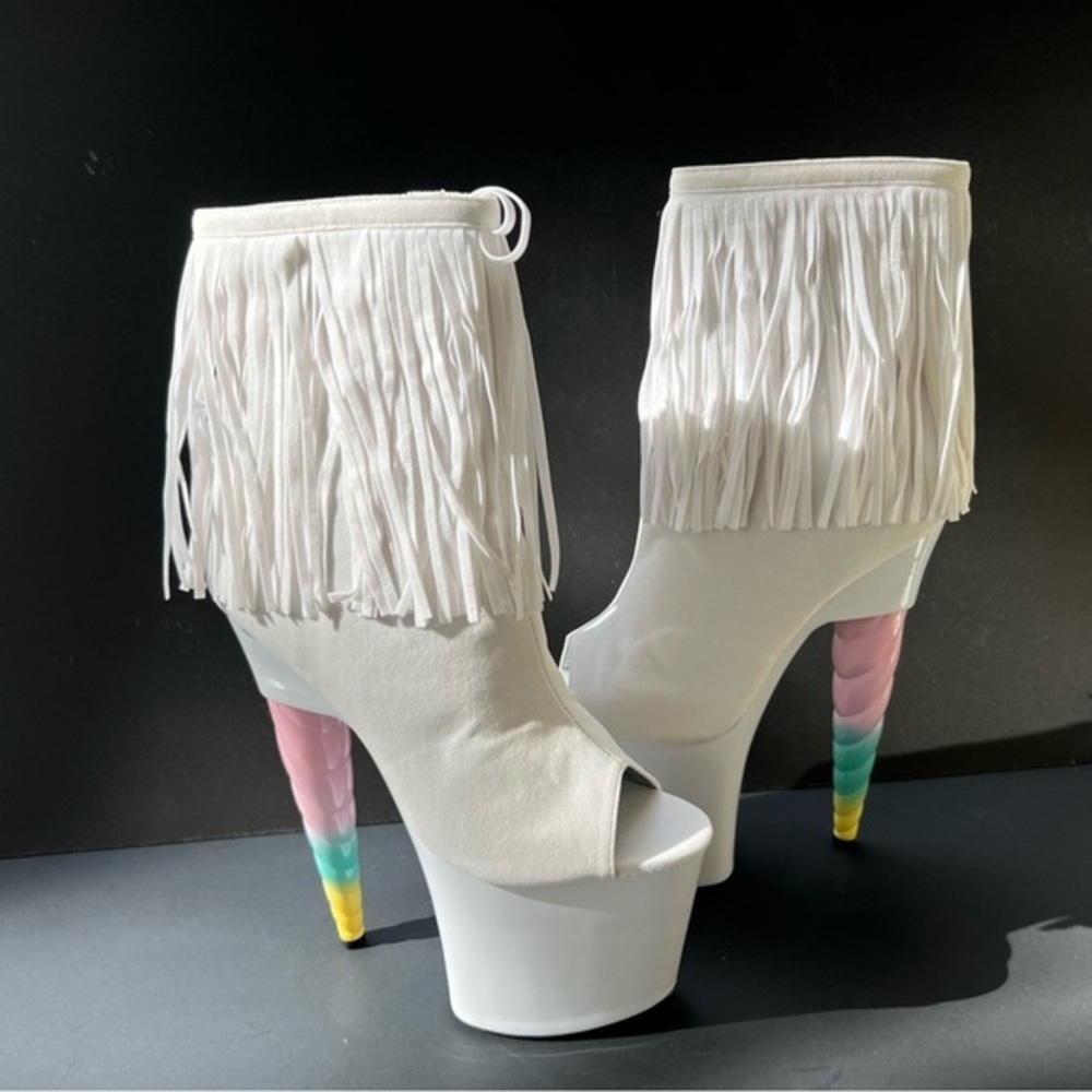 Ellie White Fringe Heels with Rainbow Accents
